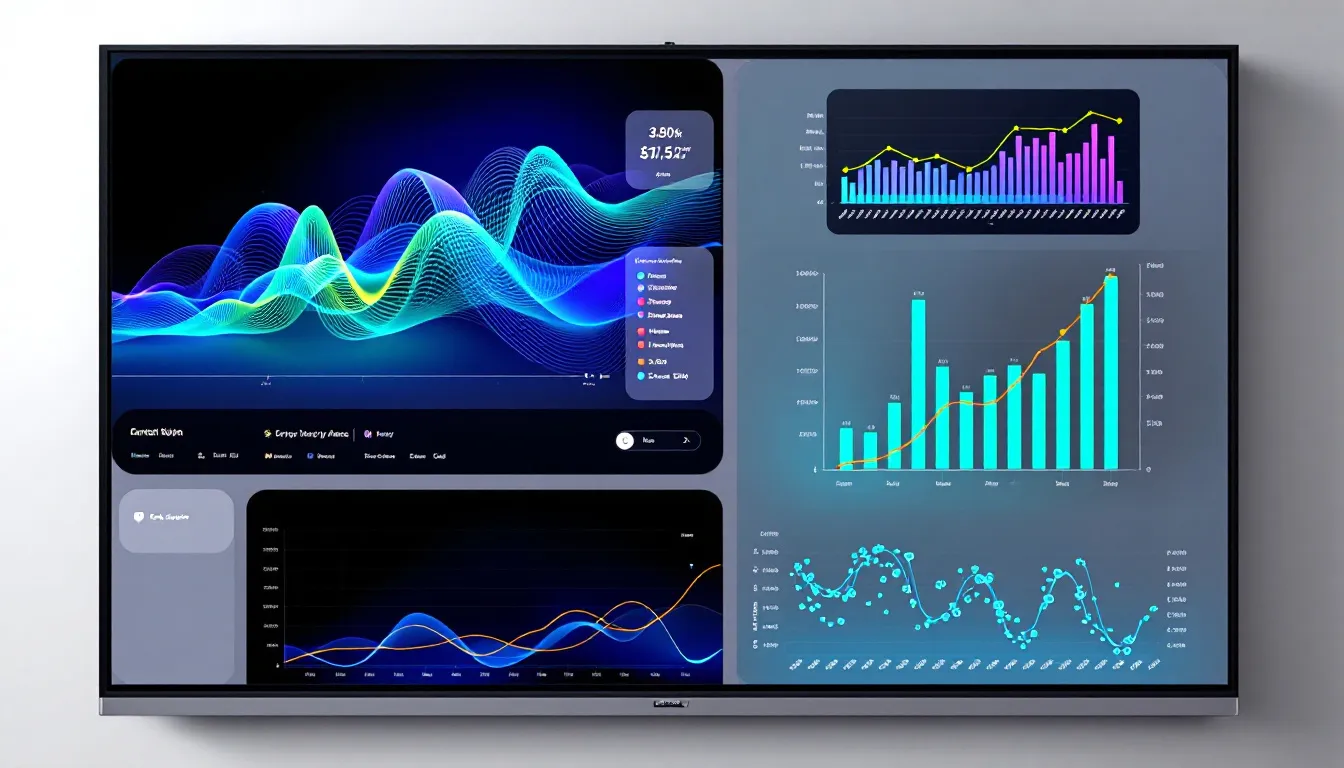 A series of digital graphs displays various metrics related to healthcare email marketing, illustrating trends in patient engagement, appointment reminders, and the effectiveness of email campaigns aimed at prospective patients. The graphs highlight the impact of marketing efforts on patient satisfaction and the acquisition of new patients for healthcare practices.
